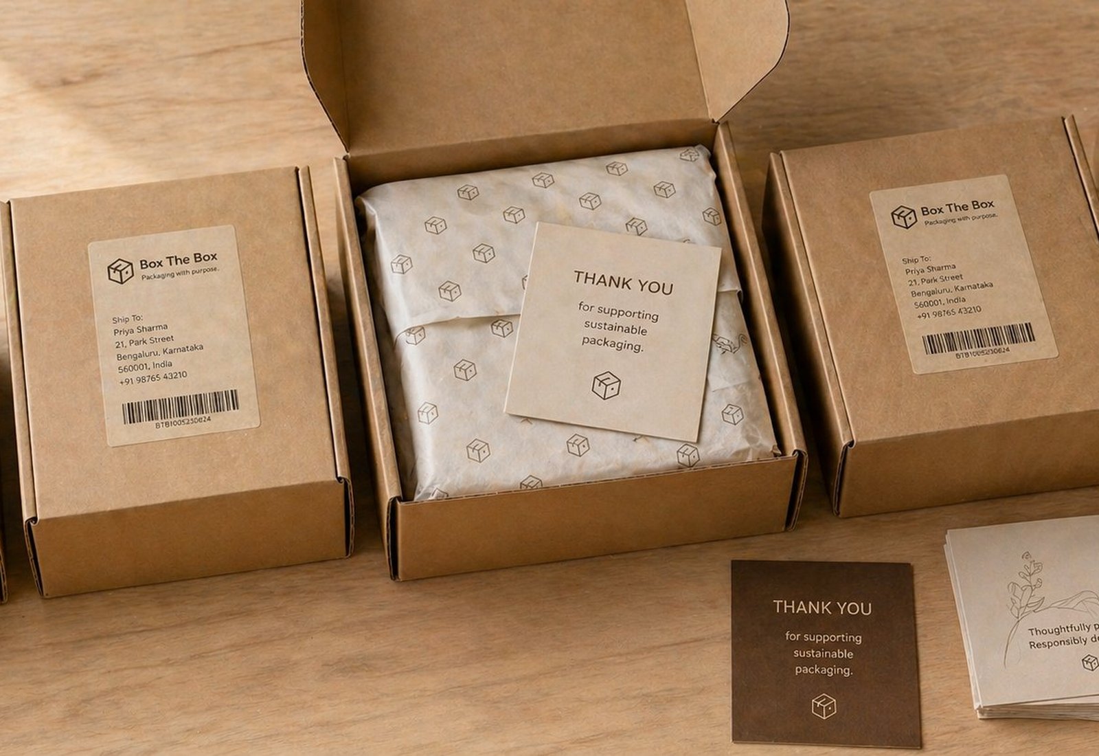 Branded Box The Box parcels with custom labels and thank-you cards